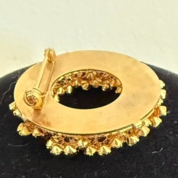 Vintage 1950s Circle Brooch Smoky Brown Jet Rhinestones Goldtone Mid Century Pin - Picture 11 of 12